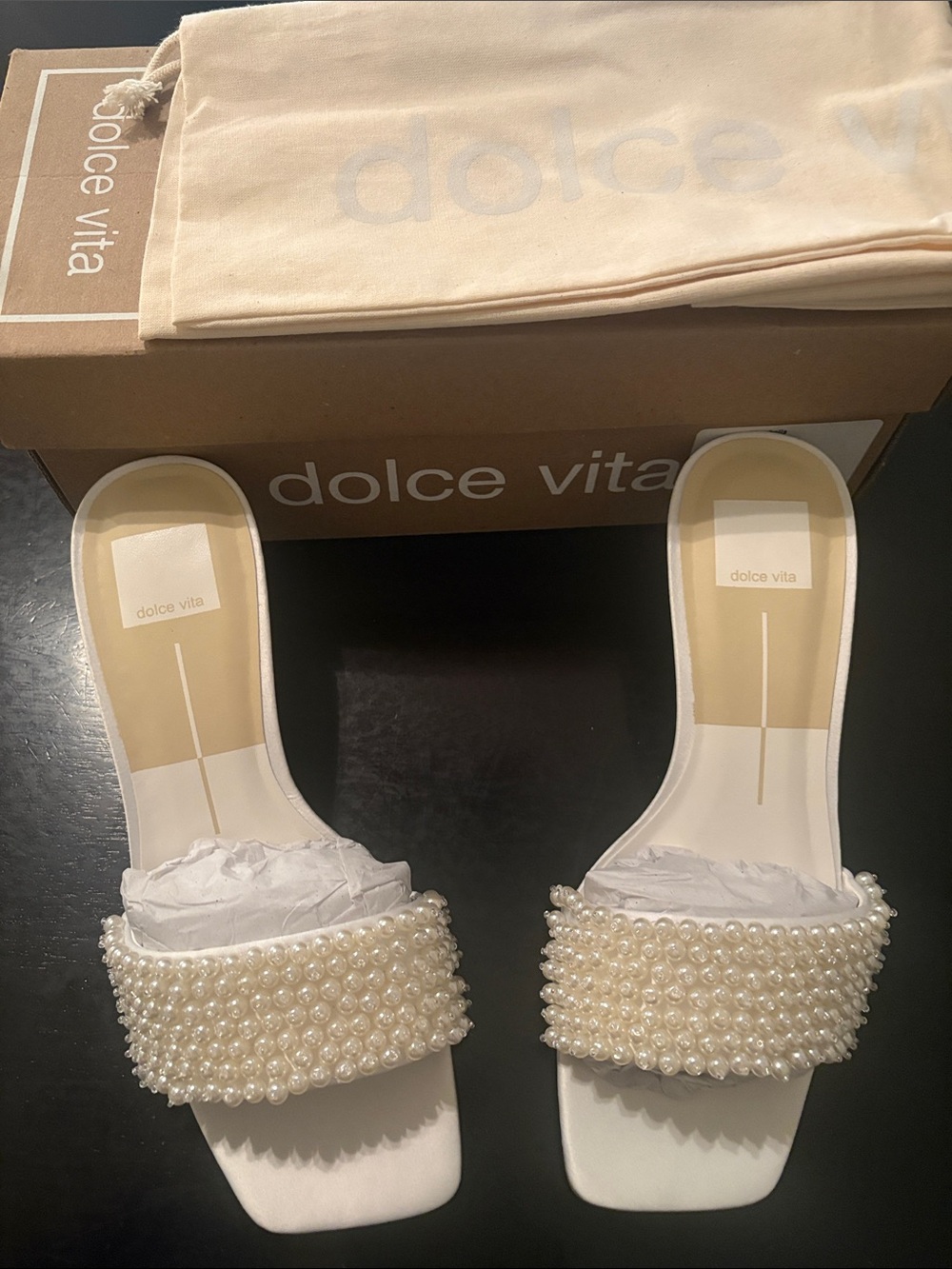Dolce Vita Ivory Pearl-Embellished Slide Mules NWT box. Size - 7
